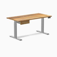 a wooden desk with metal legs and a wood top on an isolated white background,