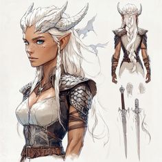 a drawing of a woman with white hair and horns