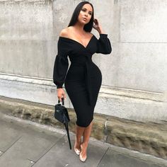 Lantern Sleeve V Neck Lace Up Midi Dress Tea Length Homecoming Dresses, Dress Tea Length, Robes Glamour, High Neck Midi Dress, Black Homecoming Dress, Shoulder Wrap, Looks Chic, Bodycon Midi, Dress Outfit