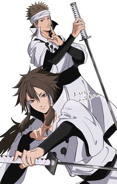 two anime characters with swords in their hands