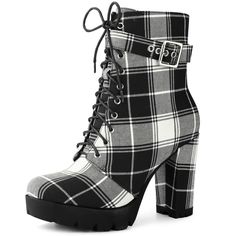 A lofty platform and block heels lend captivating height to a retro-inspired combat ankle boot styled with a lace-up vamp and plaid stitching for visual intrigue. Combat Ankle Boots, Plaid Printing, Back Zipper Closure, Chunky Heel, Platform Boots, Lace-Up. Vamp: Plaid Fabric; Outsole: TPR; Heel: ABS. Heel Height: 3 8/9 inches, Platform Height: 1 1/2 inches. Please check the size measurement chart before ordering. Plaid Shoes, Ankle Boots Black, Purple Plaid, Plaid Fabric, Measurement Chart, Dream Shoes, Black 7, Platform Boots, Chunky Heel