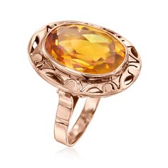 Ross-Simons - C. 1950 Vintage 7.00 Carat Citrine Ring in 14kt Yellow Gold. Size 7. C. 1950. Dating back to the Retro era, our radiant Estate collection ring showcases a sizable 7.00 carat oval citrine framed by 14kt yellow gold with an eye-catching openwork pattern. 7/8" wide. Citrine ring. Exclusive, one-of-a-kind Estate Jewelry. Citrine birthstones are the perfect gift for November birthdays. Vintage Topaz Ring With Polished Finish For Anniversary, Vintage Oval Birthstone Ring As A Collectible, Vintage Oval Birthstone Ring Collectible, Vintage Yellow Gold Sapphire Ring, Vintage Oval Birthstone Ring, Vintage Oval Birthstone Ring For Formal Occasions, Vintage 14k Gold Topaz Ring For Formal Occasions, Vintage Yellow Gold Gemstone Engraved Ring, Vintage Yellow Gold Oval Birthstone Ring