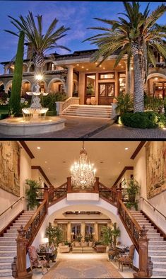 this is an image of a mansion with stairs and chandelier in the front