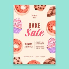 a flyer for a bake sale with donuts and cupcakes on it