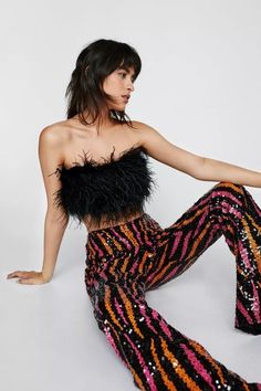 Fit And Flare Pants, Feather Crop Top, Disco Fashion, Flame Design, Disco Outfit, A Night To Remember, Chunky Sandals, Kick Flares, Flared Pants