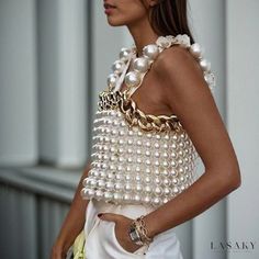 Lasaky - Elegant White Crop Top with Luxurious Metal Chain and Oversized Imitation Pearl Beading Pearl Clothes, Pearl Crop Top, Pearl Outfit, Crop Top Blanco, Beaded Fashion, Pearl Top, Oversized Crop Top, Backless Crop Top, Luxury Clothes