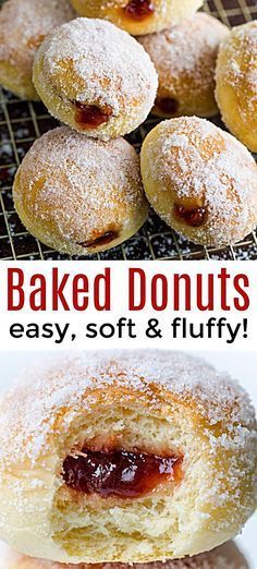 baked doughnuts with jelly and powdered sugar on top are shown in this collage