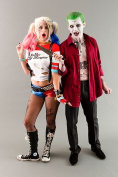 two people dressed up as the joker and harley in costume for a halloween photo shoot