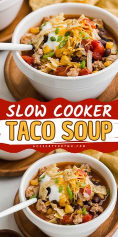 This Slow Cooker Taco Soup is a delicious soup that makes a cozy dinner recipe! This homemade taco soup for two makes an easy Fall comfort food, too. Pin this recipe! Mexican Soups In A Crock Pot, Soup For People Who Dont Like Soup, Croc Pot Taco Soup, Hamburger Tortilla Soup, Fiesta Taco Soup, Slow Cooker Taco Soup Beef, Crockpot Easy Soup, Best Taco Soup Recipe Crockpot, Taco Soup Crock Pot Beef