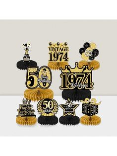 an assortment of 50th birthday decorations