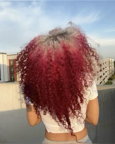 Purple And Blonde Curly Hair, Split Dye On Curly Hair, Hair Dyed Curly Hair, Hot Pink Curly Hair, Curly Dyed Hair Natural Curls, Curly Hair Dye Ideas, Dyed Roots, Colorful Curly Hair, Vanessa Lynn