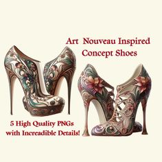 high heeled shoes with floral designs on them and the words art nouveau inspired concept shoes