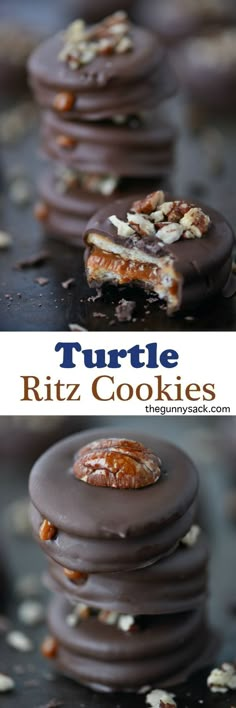 chocolate covered cookies stacked on top of each other with nuts in the middle and text overlay that reads turtle ritz cookies