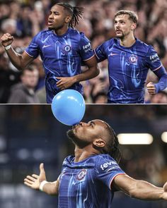 two pictures of soccer players one has a ball and the other has a balloon