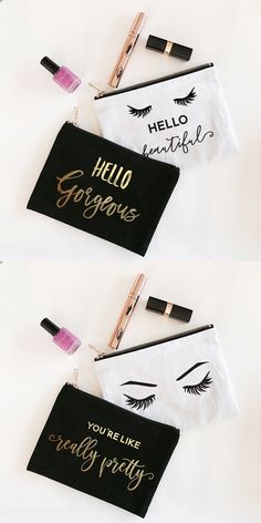 two black and white makeup bags with eyelashes on them