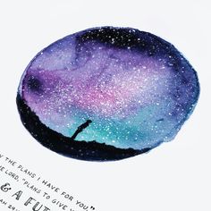 a painting of a person standing in front of a purple and blue sky with stars