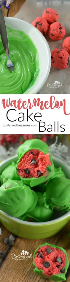 watermelon cake balls with green icing and chocolate chips in the middle on a plate