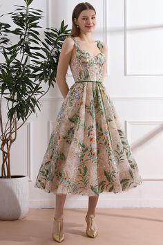 MissJophiel Straps V Neck Corset Floral Embroidery Beaded Midi Dress Elegant Green Evening Dress With Floral Embroidery, Embellished Embroidered Midi Dress For Wedding, Elegant Floral Embroidered Dress For Banquet, Elegant Embroidered Dress With Floral Design For Banquet, Elegant Embroidered Dress With Floral Embroidery For Banquet, Beige Evening Dress With Floral Embroidery, Beige Party Dresses With Floral Embroidery, Elegant Embellished Dress For Garden Party, Beige Party Dress With Pearl Embroidery