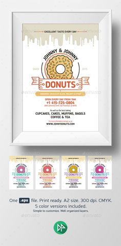 an advertisement for donuts and coffee is shown in this graphic style, with the words don