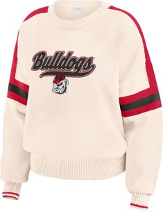 Design Long sleeve, pullover sweater Rib-knit design Relaxed, boxy fit Style and Team Spirit Chenille team graphics Team name typography on back Additional Details Machine washable Officially licensed product Bulldog Sweatshirt, Erin Andrews, Knit Sleeve, Georgia Bulldogs, Cozy Fashion, Stripe Sweater, Long Sleeve Pullover, Pullover Sweatshirt, Knitting Designs