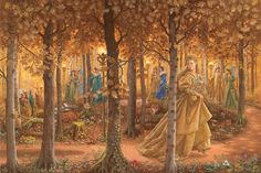 a painting of a woman walking through a forest with trees and people in the background