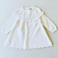 Milan White Pointelle & Ruffle Sweater Knit Baby Girl Dress - Etsy Knit Baby Sweaters, Ruffle Sweater, White Knit Sweater, Jacquard Sweater, Baby Sweater, Knitted Baby Blankets, Organic Baby Clothes, Embroidered Sweater, Baby Outfits