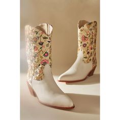 Vibrant Floral Embroidery Flourishes On These Western-Style Boots, Beautifully Constructed In A Lasting Leather For A Bohemian Statement That Is Soon-To-Be An Heirloom Staple. Zip Closure Leather, Silk Upper Leather Insole And Sole Hand Crafted Imported Dimensions 2" Heel Brand New With/ Without Tag Or Box May Have Been Tried In Store But In New / Good Condition Outsole Marked To Prevent Retail Returns Embroidered Closed Toe Summer Boots, Traditional Snip Toe Boots For Spring, Spring Embroidered White Boots, Traditional Fitted Boots For Spring, Spring White Embroidered Boots, Traditional Spring Boots, Spring Leather Boots With Floral Embroidery, White Embroidered Pointed Toe Boots, Traditional Fitted Boots With Floral Embroidery