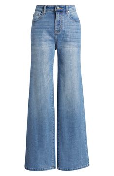 Add a splash of sparkle to denim day in wide-legged jeans cut with soft stretch and covered in tiny rhinestones. 31" inseam; 22" leg opening; 11" front rise; 15" back rise (size 29) Zip fly with button closure Five-pocket style 69% cotton, 20% polyester, 9% viscose, 2% elastane Hand wash, line dry Imported Wide Legged Jeans, High Waist Wide Leg Jeans, Denim Day, Fabric Gift Bags, Nordstrom Store, Free Fabric, Wide Leg Jeans, Leg Jeans, High Waist