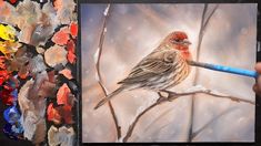 a painting of a bird sitting on a branch with paintbrush in it's hand