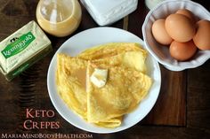 an assortment of breakfast foods including eggs, butter and milk