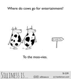 two cows standing next to each other in front of a sign that says, where do cows go for entertainment?