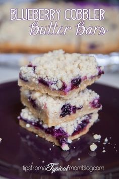 three blueberry cobbler butter bars stacked on top of each other, with the title above it