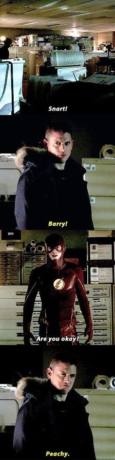 the flash and arrow are in this scene, with captioning that they appear to be talking