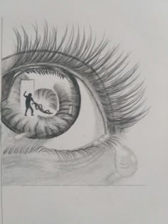 a pencil drawing of an eye with a person standing on the outside of it and looking in