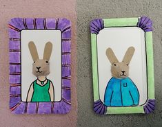 two paper plates with pictures of rabbits in the middle and one has a person's face painted on it