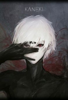 an anime character with white hair and black eyes, holding his hand to his face