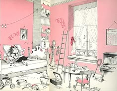 a drawing of a bedroom with pink walls and lots of clutter on the floor