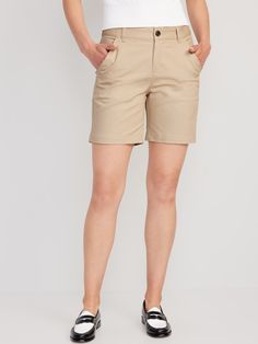 Buttoned front, with belt loops at waist.  Zip fly.  Diagonal hip pockets; decorative welt pockets in back.  Soft-washed cotton twill with comfortable stretch.  Sits right at your belly button.  Relaxed hip and thigh.  Women's Bermuda shorts hit above knee.  7" inseam (sizes XXS-M), 7 1/4" inseam (size L), 7 1/2" inseam (sizes XL-XXL).  Models are approximately 5'9" and are wearing sizes S (numeric size 4), L (numeric size 12), and XL (numeric size 18). machine wash according to the care instruc Old Navy Shorts, Khaki Shorts, Old Navy Women, Fit N Flare Dress, Bottom Clothes, Navy Women, Belly Button, Style Board, Dream Wardrobe