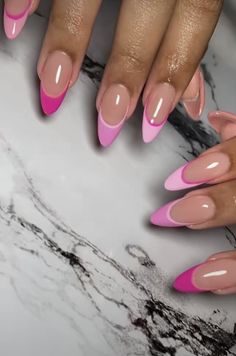 Cute Summer Almond Nails Pink, Almond Shaped Pink Nails Designs, Oval Shaped Nails Designs Summer, Barbie Pink Tip Nails, Minimalist Nails Almond Summer, Almond Shape Summer Nails 2023, Summer Nail Inspiration Acrylic Almond, Unique French Tips Almond, Hot Summer Nails Almond