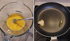 two pictures side by side one shows a pan with food and the other shows a spoon in it