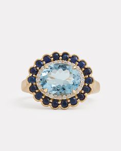 18K Yellow Gold Sapphire and Diamond Edged Aquamarine Oval Ring, .14 TCWOrnament is 3/4 Inch x 1/2 Inch Style# YRSSOABW Luxury Gold Sapphire Ring With Gemstone Accents, Luxury Heirloom Oval Gemstones, Grad Presents, 2025 Trends, Zsa Zsa, Ring Inspo, Cushion Cut Ring, Rings Bands, Ring Settings