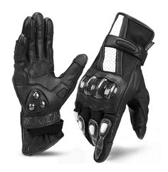 a pair of black motorcycle gloves on a white background