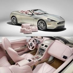 the interior of a car with pink leather