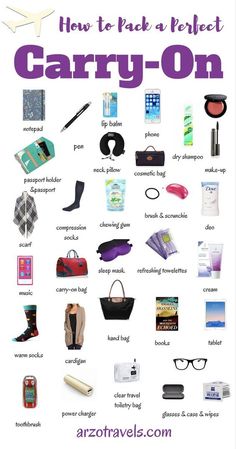 a poster with the words how to pack a perfect carry - on in purple and white