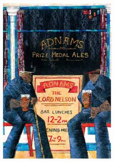 two men sitting on top of a red chair next to a sign that reads adam's prize medal ales