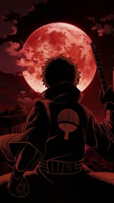 a man holding a baseball bat standing in front of a full moon with his back to the camera