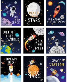 six space themed cards with the words reach for the stars, out of this world and other