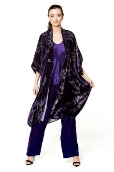 The Passion Purple Faberge Velvet kimono features a supple silk-rayon devore velvet with a burn-out motif, tasseled belt and side seam pockets. 82% Rayon / 18% Silk Silk Loungewear, Tassel Belt, Velvet Kimono, Chiffon Kimono, Daily Rituals, Velvet Shorts, Silk Lingerie, Silk Camisole, Sleepwear & Loungewear