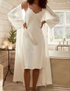 Silky Night Dress, Robe Aesthetic Silk, Silk Pjs Dress, Night Dress Pajamas, Silk Dress Nightwear, Nightwear Outfits Aesthetic, Sleeping Gown Aesthetic, Silk Nightwear Aesthetic, Night Robe Aesthetic