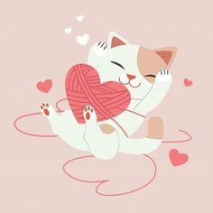 a cat holding a ball of yarn with hearts on it's back and its eyes closed